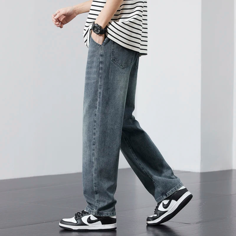 2025 new men's jeans summer thin fashion high-end versatile loose wide-leg retro washed straight men's pants