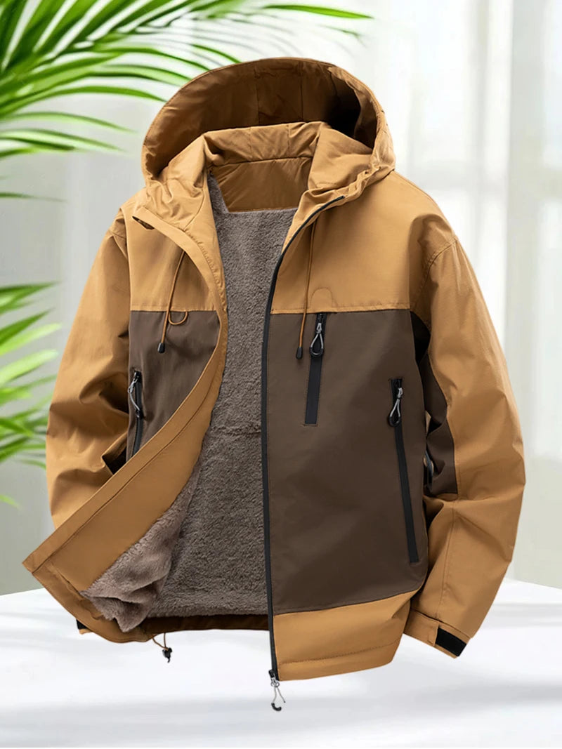 Fleece Lined Jackets for Men Outdoor Waterproof Hooded Zip Up Jackets for Camping Hiking Spring Autumn with Zipper Pockets Warm