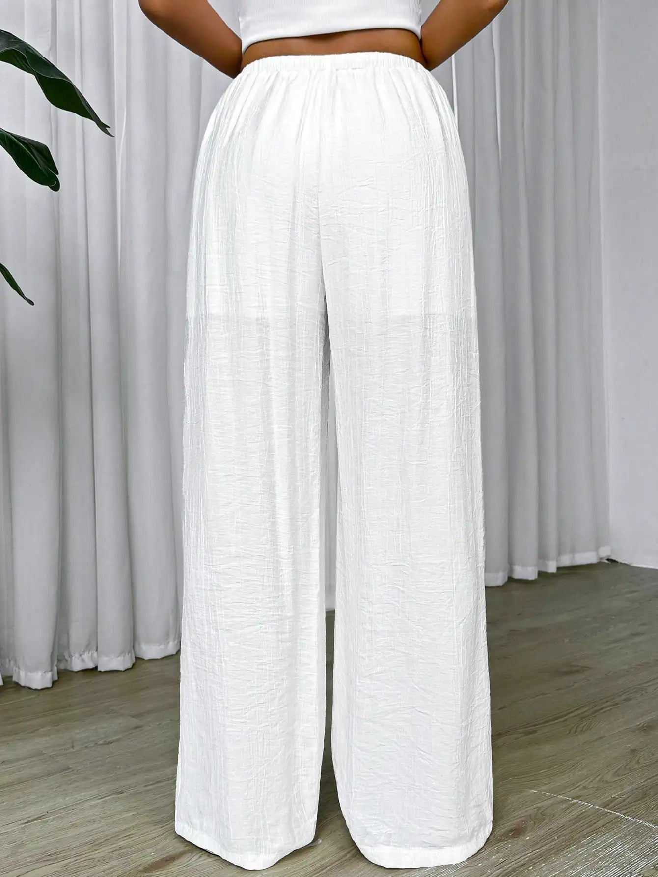 Women's Trousers High Waisted Loose Casual Solid White 25 Spring Summer Drawstring Waist Wide Leg Pants for Resort Vacations