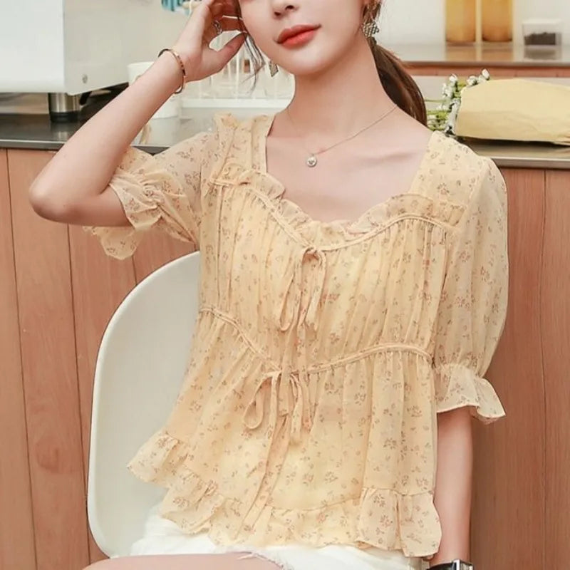 Shirts & Blouses for Women Simple Woman Top Ruffleswith Print New Collection 2024 Fashion Korea Stylish Summer Novelties M Tall