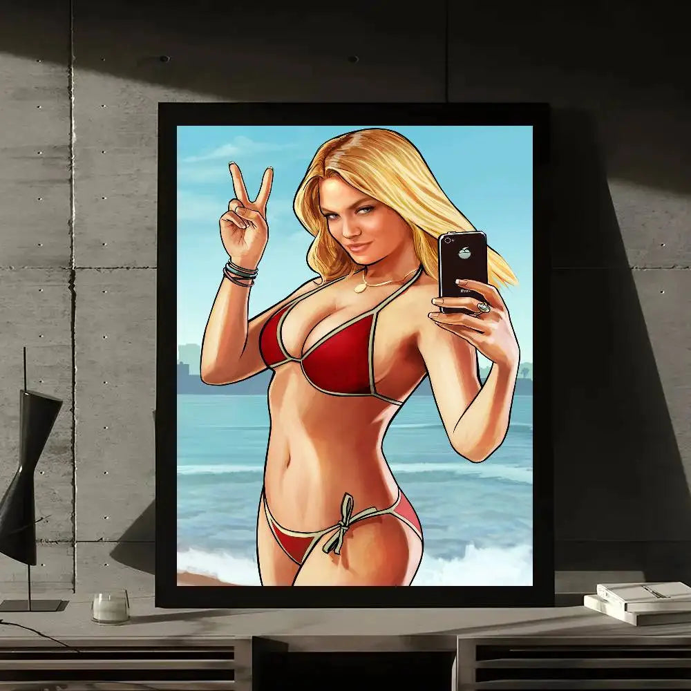 Game GTA 5 Grand Theft Auto Poster Gallery Prints Self Adhesive Home Decor Decoration Wall Decals Living Room Sticker