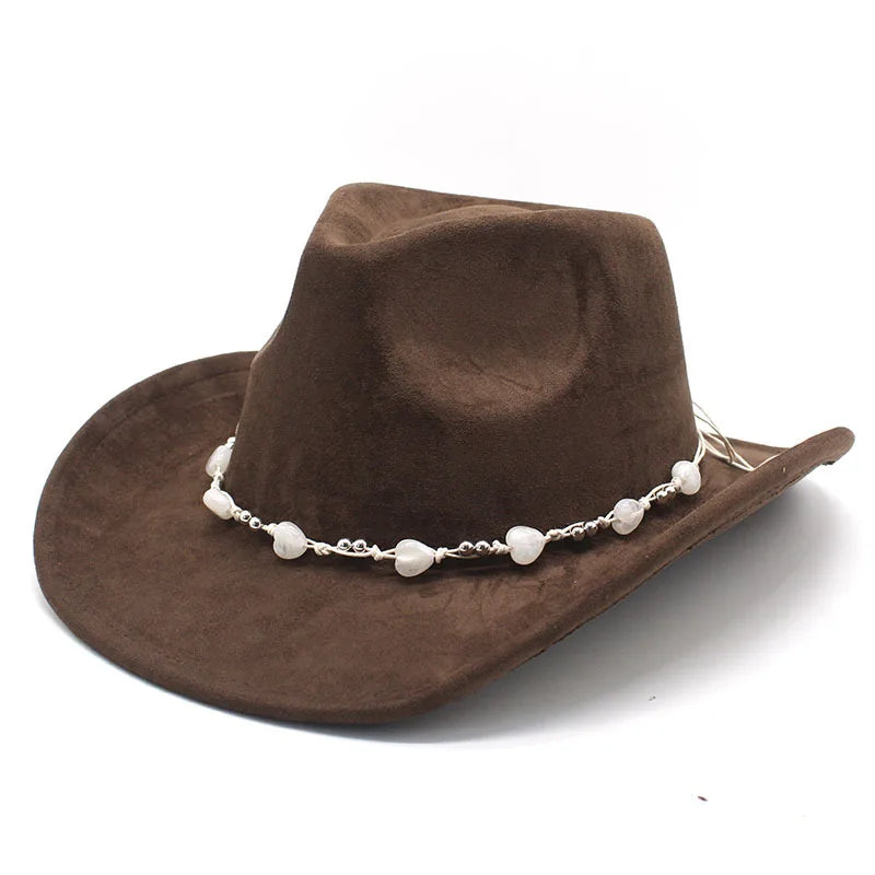 Women's Elegant Western Hat - Curved Brim Faux Suede Polyester Cowboy Hat (57-58cm) with White Heart Band