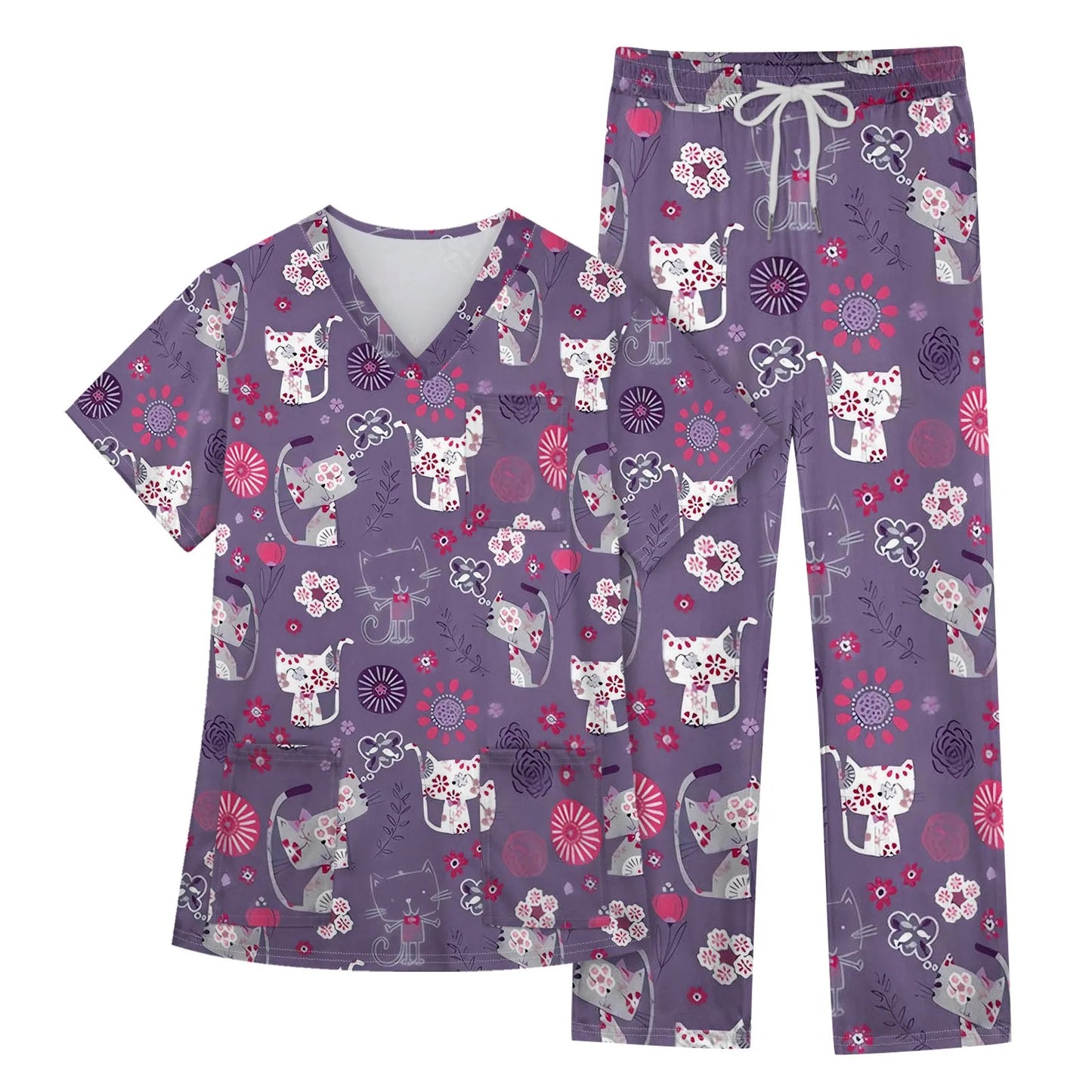 Women's Nursing uniform set Short Sleeve V Neck Animal Print Chest Pocket Top Elastic Waist Pants Two Piece Working Scrubs Set