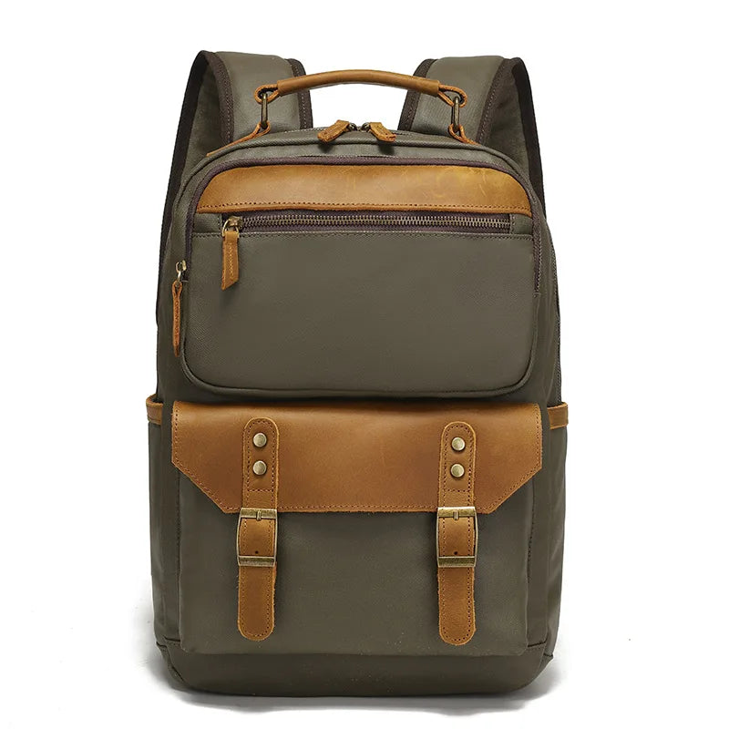 Backpacking man's travel computer backpack, student schoolbag, retro travel book bag, oil wax canvas with top-grain leather