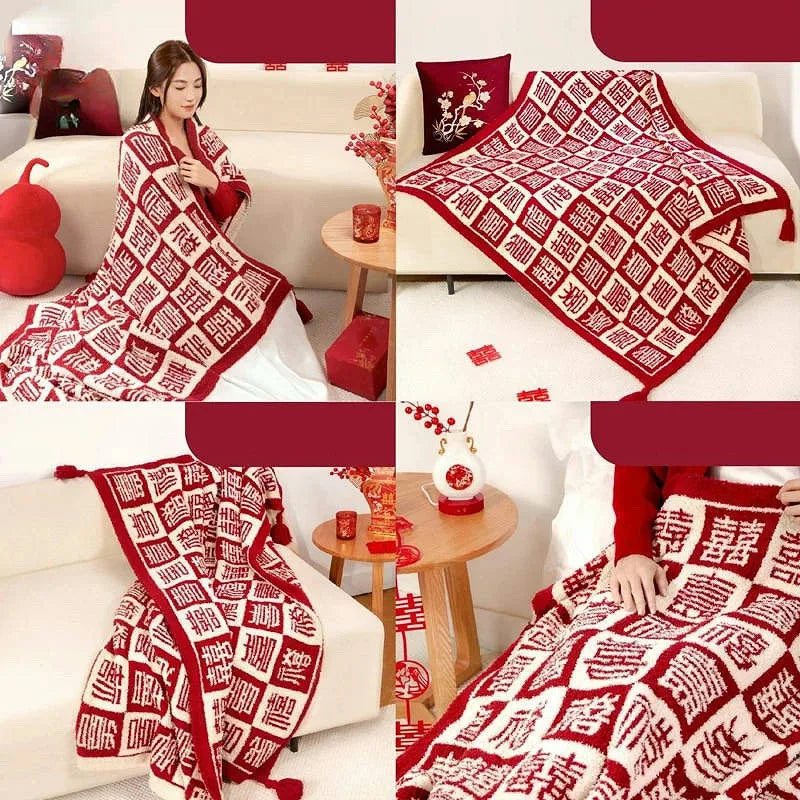 Red Fine Fluff Wedding Blanket Cover Joyful Multi Purpose Keep Warm Sofa Throw Blankets Little Shawl Cushion for Four Seasons