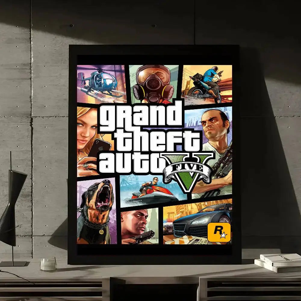 Game GTA 5 Grand Theft Auto Poster Gallery Prints Self Adhesive Home Decor Decoration Wall Decals Living Room Sticker