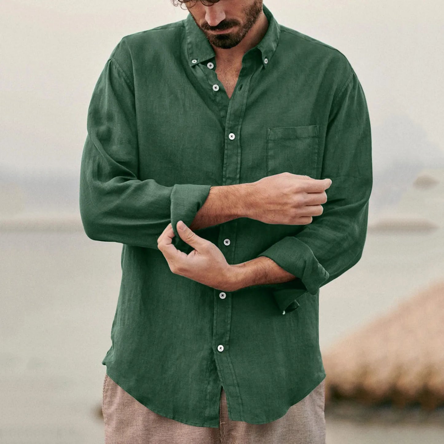 Men's Long-sleeved Shirt Cotton Linen Loose Lapel Buttons Black Retro Stylish Simple Top White Vintage Clothes Blouses