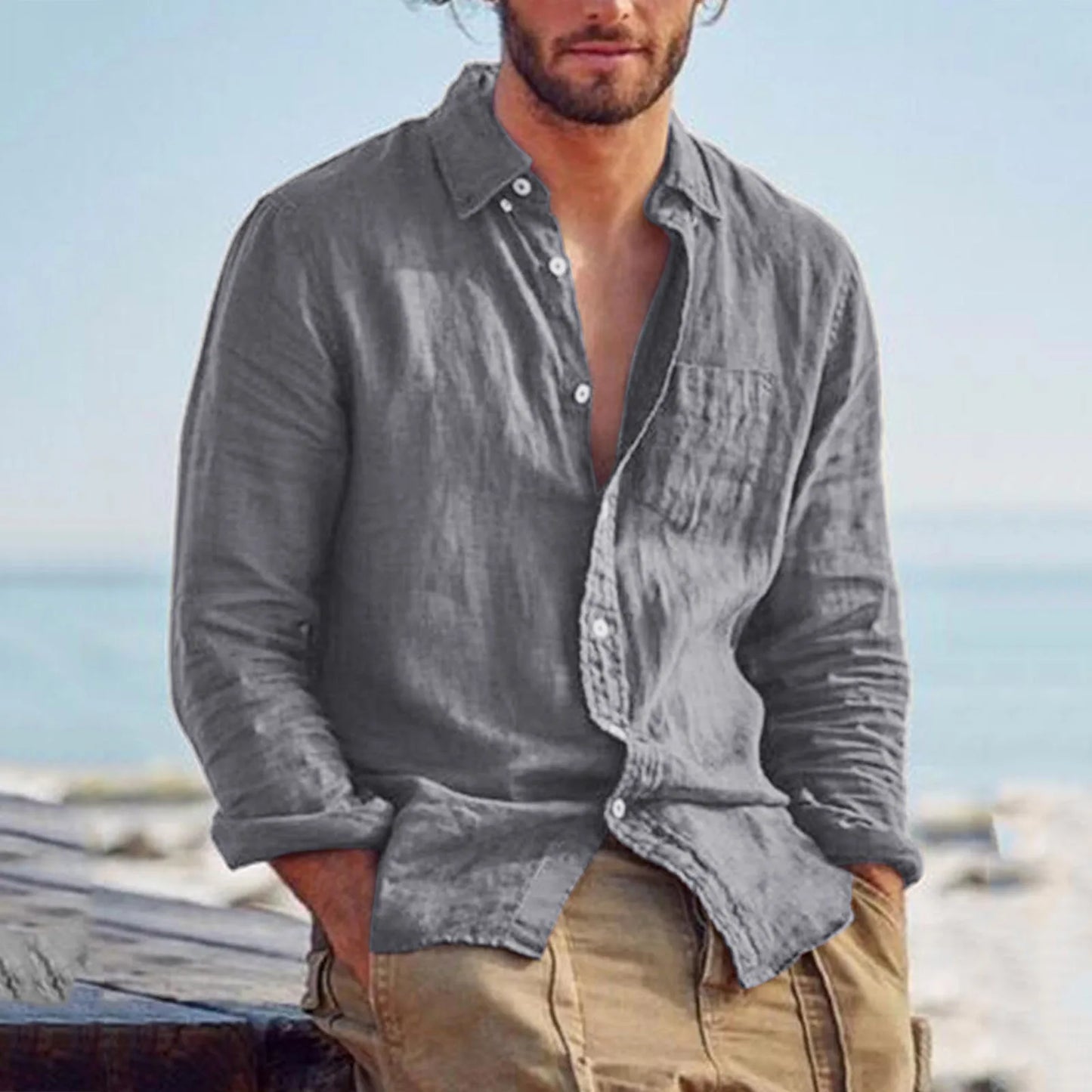 Men's Long-sleeved Shirt Cotton Linen Loose Lapel Buttons Black Retro Stylish Simple Top White Vintage Clothes Blouses