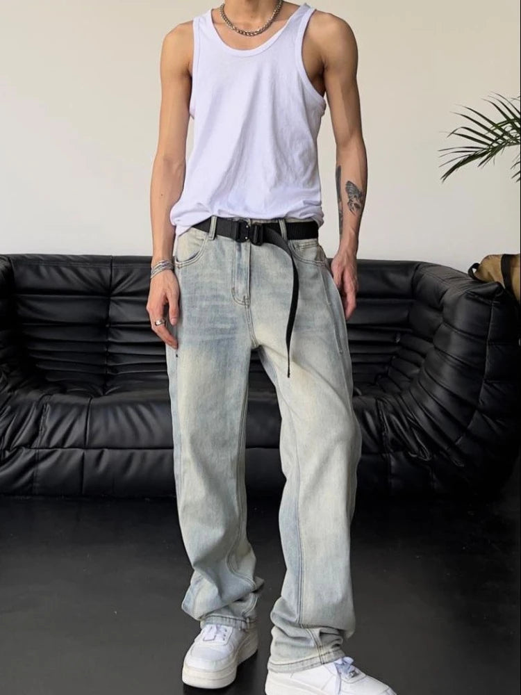 Jeans for Men Loose Light Blue Baggy Straight Man Cowboy Pants Punk Spliced Y2k Vintage Trousers 2024 Korean Autumn Trend Cotton