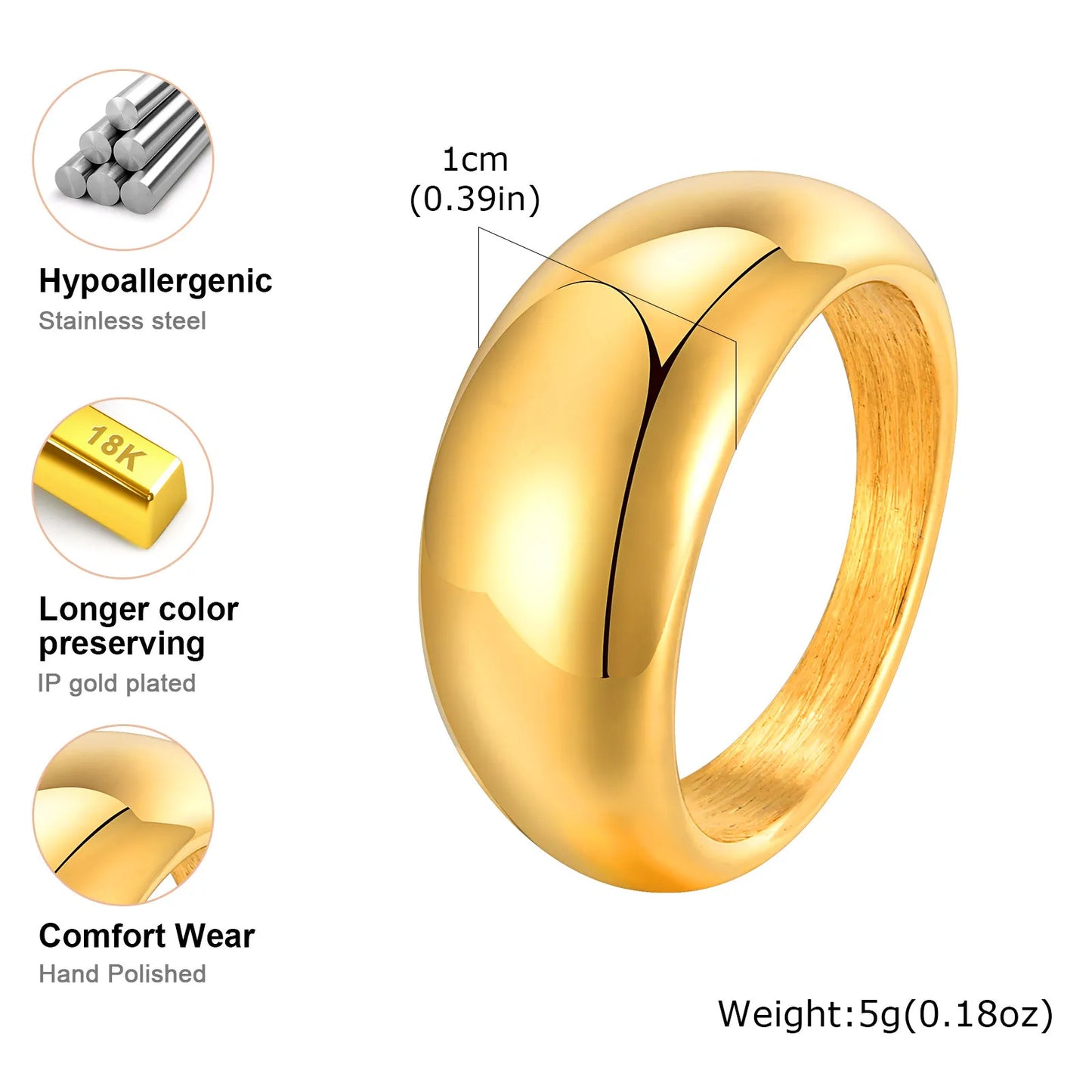 Women Dome Chunky Ring, Female Minimalist Geometric Rings, Gold Plated Smooth High Polish Jewely, Party Birthday Gift