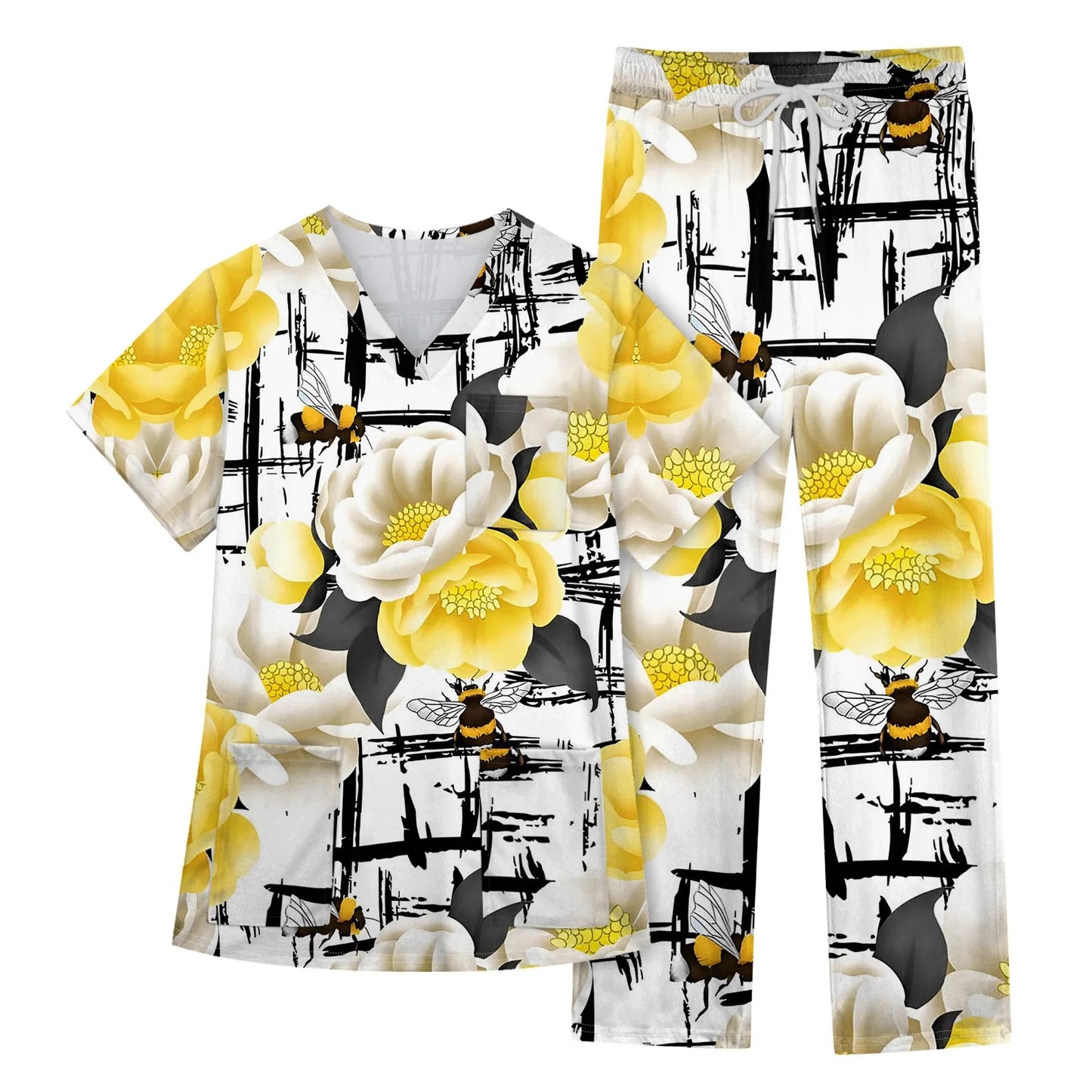 Women's Nursing uniform set Short Sleeve V Neck Animal Print Chest Pocket Top Elastic Waist Pants Two Piece Working Scrubs Set