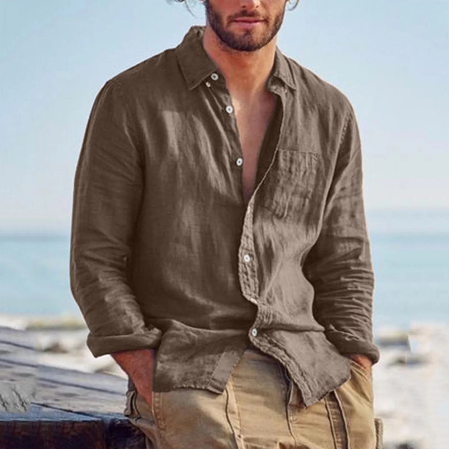 Men's Long-sleeved Shirt Cotton Linen Loose Lapel Buttons Black Retro Stylish Simple Top White Vintage Clothes Blouses