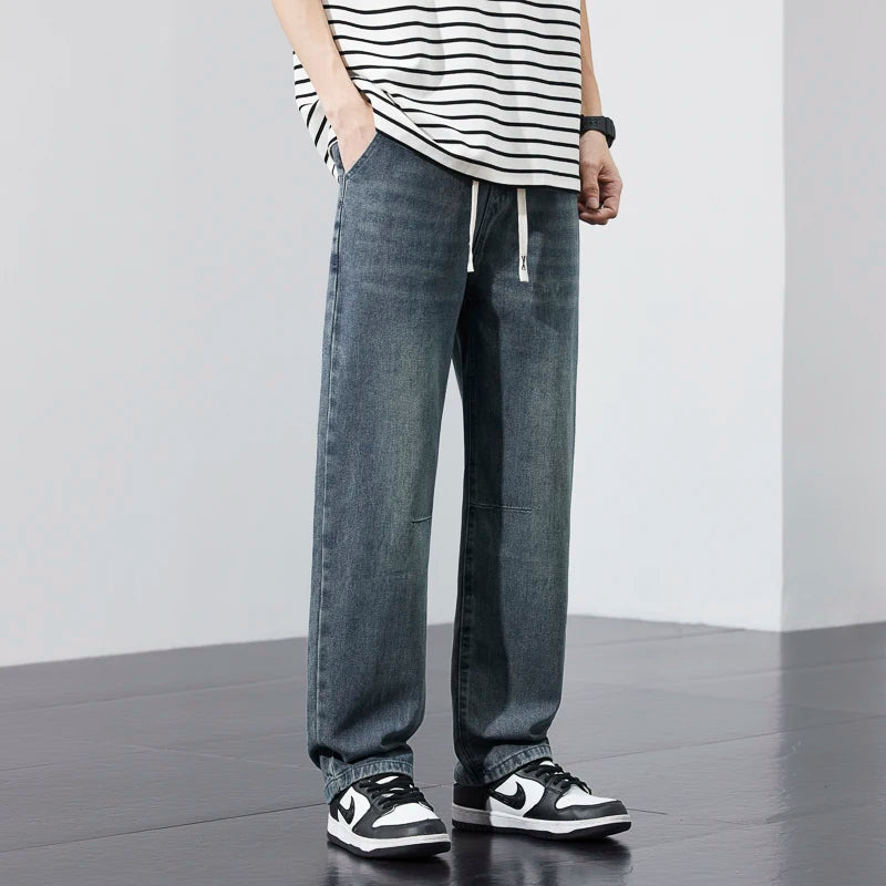 2025 new men's jeans summer thin fashion high-end versatile loose wide-leg retro washed straight men's pants