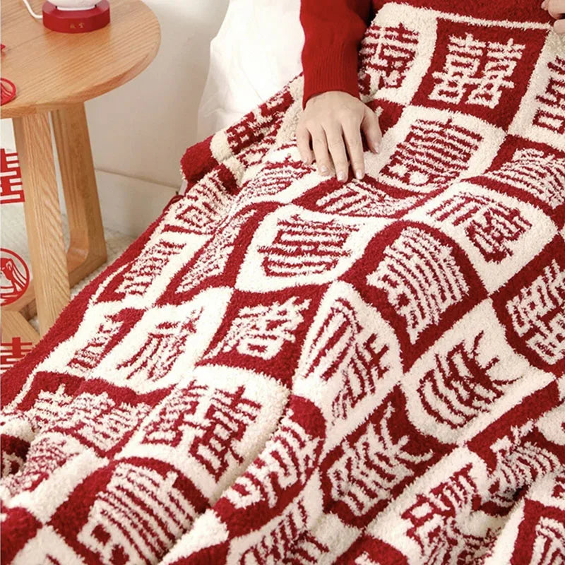 Red Fine Fluff Wedding Blanket Cover Joyful Multi Purpose Keep Warm Sofa Throw Blankets Little Shawl Cushion for Four Seasons