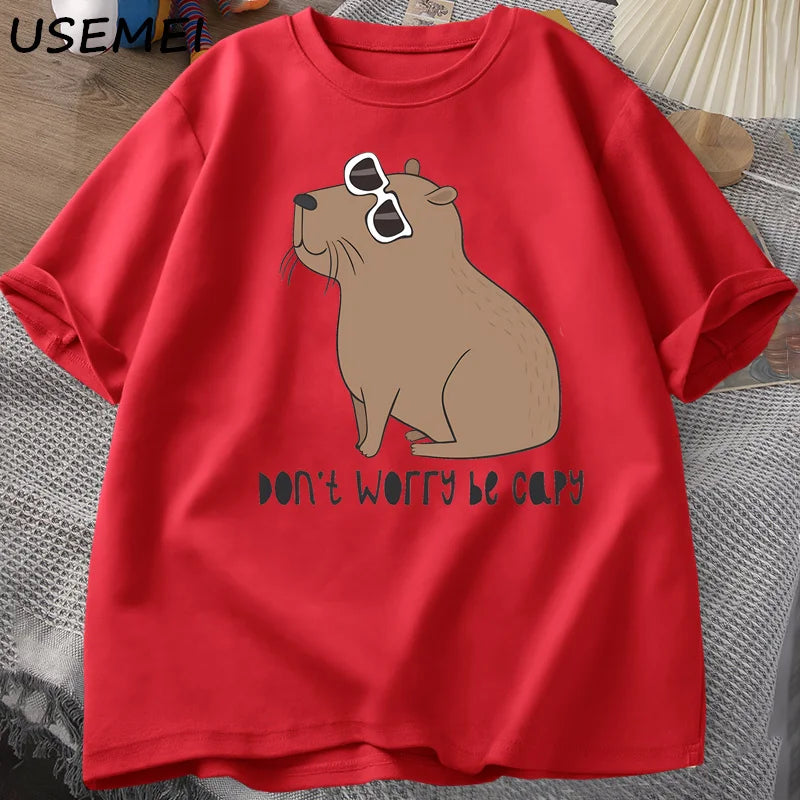 Don't Worry Be Capy Awesome Cute Capybara T-shirts Man Casual Cotton Summer T Shirt Short Sleeve Oversized T-shirt Animal Tees