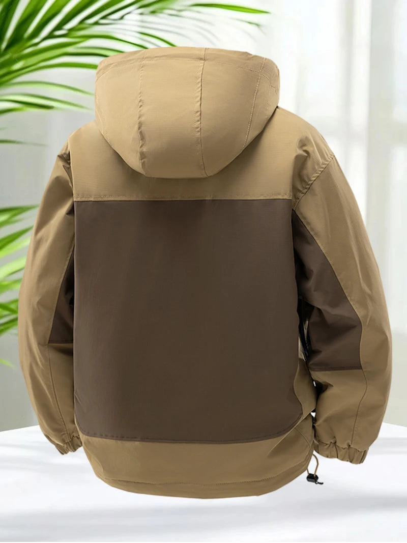 Fleece Lined Jackets for Men Outdoor Waterproof Hooded Zip Up Jackets for Camping Hiking Spring Autumn with Zipper Pockets Warm