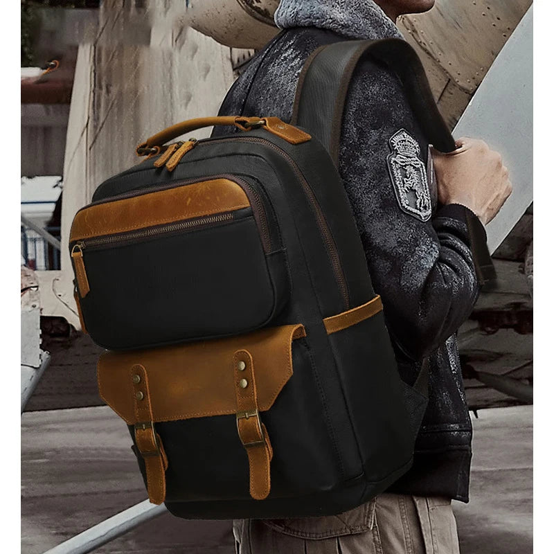 Backpacking man's travel computer backpack, student schoolbag, retro travel book bag, oil wax canvas with top-grain leather