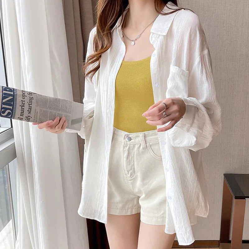 Concise Single Breasted Shirts for Women Spring Autumn 2025 Turn Down Collar Long Sleeve Blouses Woman Solid Color Outwear Lady