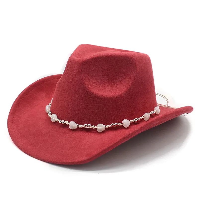 Women's Elegant Western Hat - Curved Brim Faux Suede Polyester Cowboy Hat (57-58cm) with White Heart Band