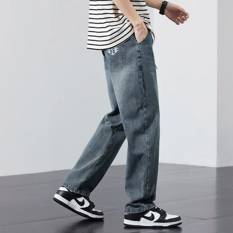 2025 new men's jeans summer thin fashion high-end versatile loose wide-leg retro washed straight men's pants