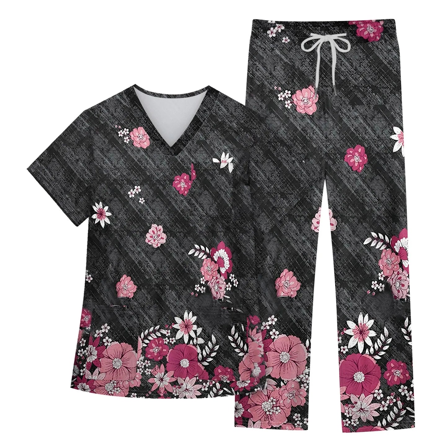 Women's Nursing uniform set Short Sleeve V Neck Animal Print Chest Pocket Top Elastic Waist Pants Two Piece Working Scrubs Set