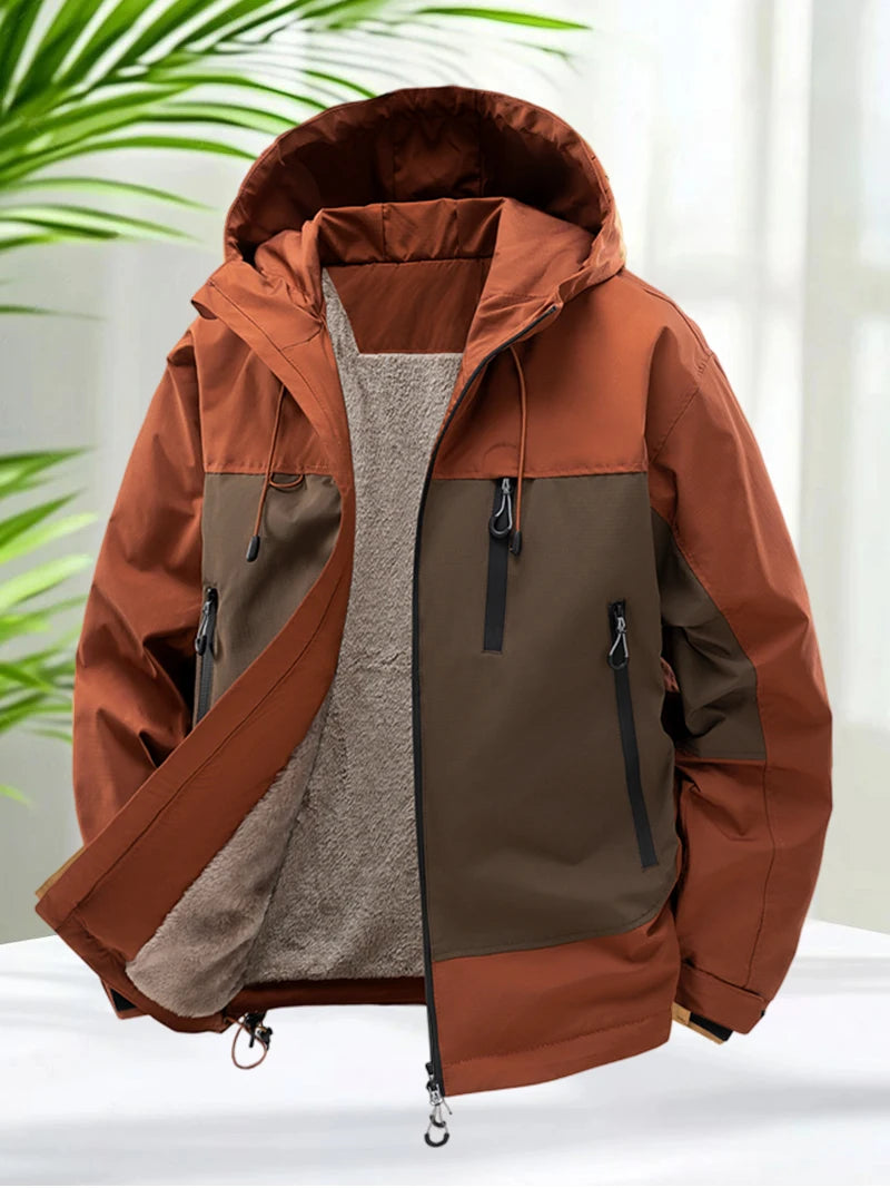 Fleece Lined Jackets for Men Outdoor Waterproof Hooded Zip Up Jackets for Camping Hiking Spring Autumn with Zipper Pockets Warm
