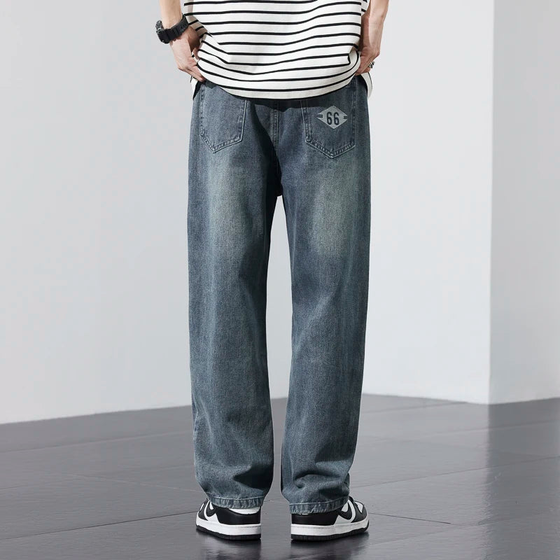 2025 new men's jeans summer thin fashion high-end versatile loose wide-leg retro washed straight men's pants