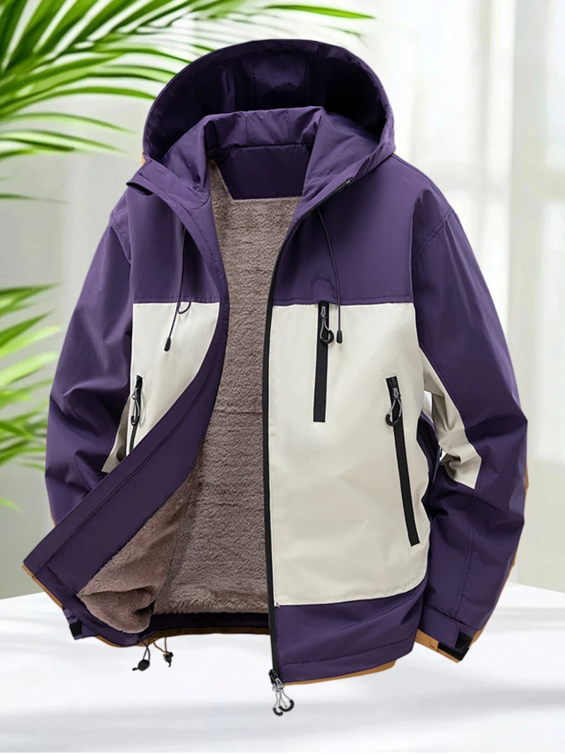 Fleece Lined Jackets for Men Outdoor Waterproof Hooded Zip Up Jackets for Camping Hiking Spring Autumn with Zipper Pockets Warm
