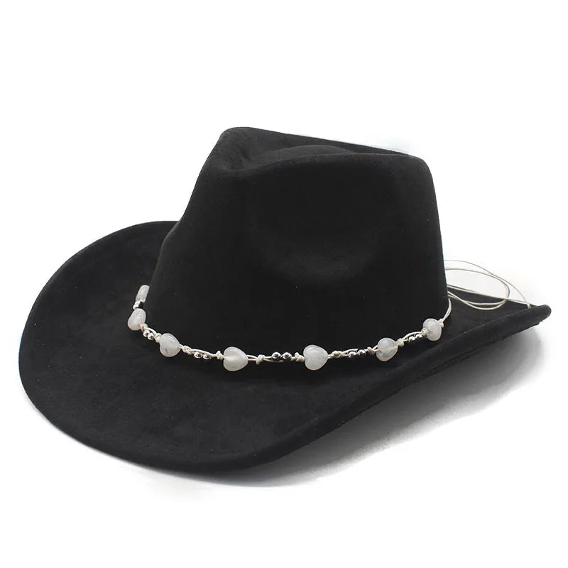 Women's Elegant Western Hat - Curved Brim Faux Suede Polyester Cowboy Hat (57-58cm) with White Heart Band