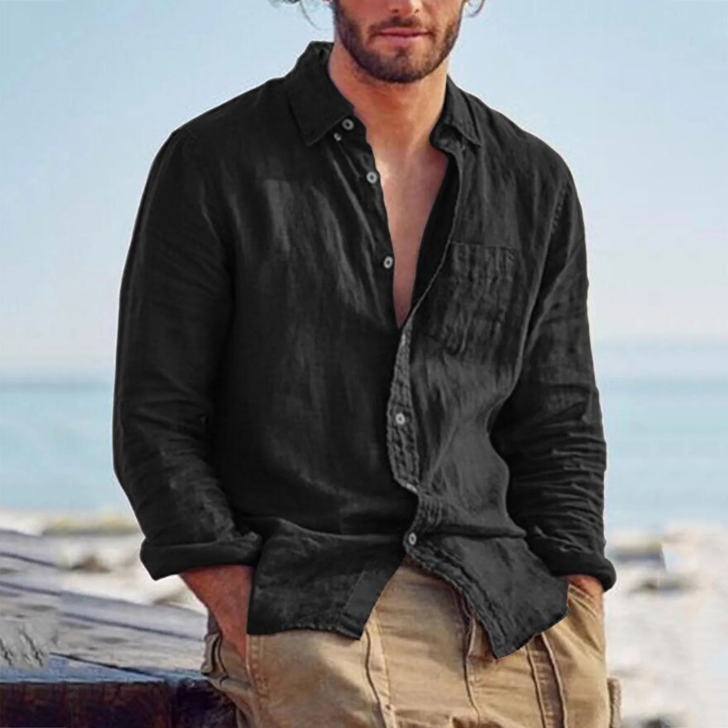 Men's Long-sleeved Shirt Cotton Linen Loose Lapel Buttons Black Retro Stylish Simple Top White Vintage Clothes Blouses