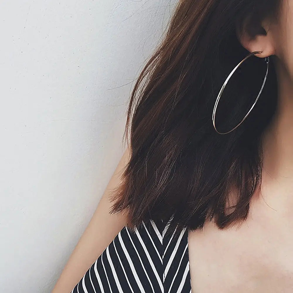 Women Gold Plated Silver Color Metal Big Circle Smooth Large Big Round Hoop Earings For Women Sexy Fashion Jewelry Wholesale