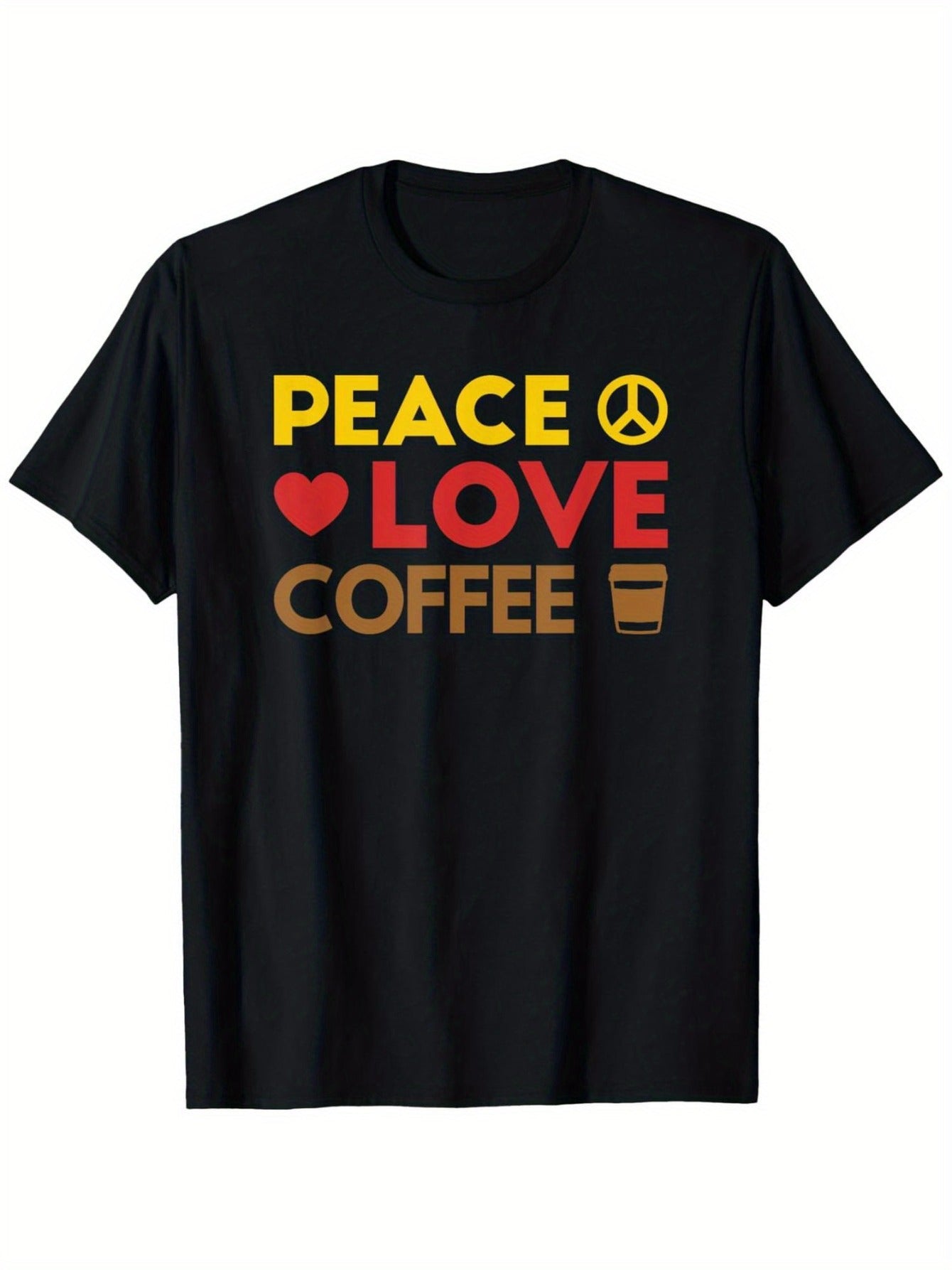 Peace Love Coffee Graphic T-Shirt for Men & Women - 100% Cotton 180gsm Black Short Sleeve Tee with Vibrant Single-Sided Print, Regular Fit Casual Shirt - Father's Day & Mother's Day Gift for Dad, Mom, Barista (XXXL), Coffee L