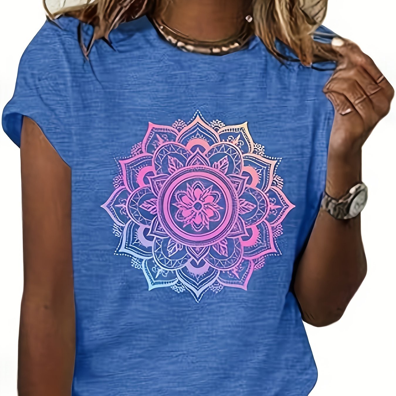 Women's Mandala Graphic Tees Lotus Flower Print Tshirts Short Sleeve Wildflower Tops