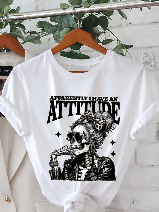 Girls' Summer Cotton Tee - Casual & Comfy Short-Sleeve Round Neck Top with Skeleton Graphic "Apparently I Have an ATTITUDE" Print, Breathable Pullover for Teens, Teenage Clothing | Relaxed Fit Tshirt | Nontransparent Fabric,