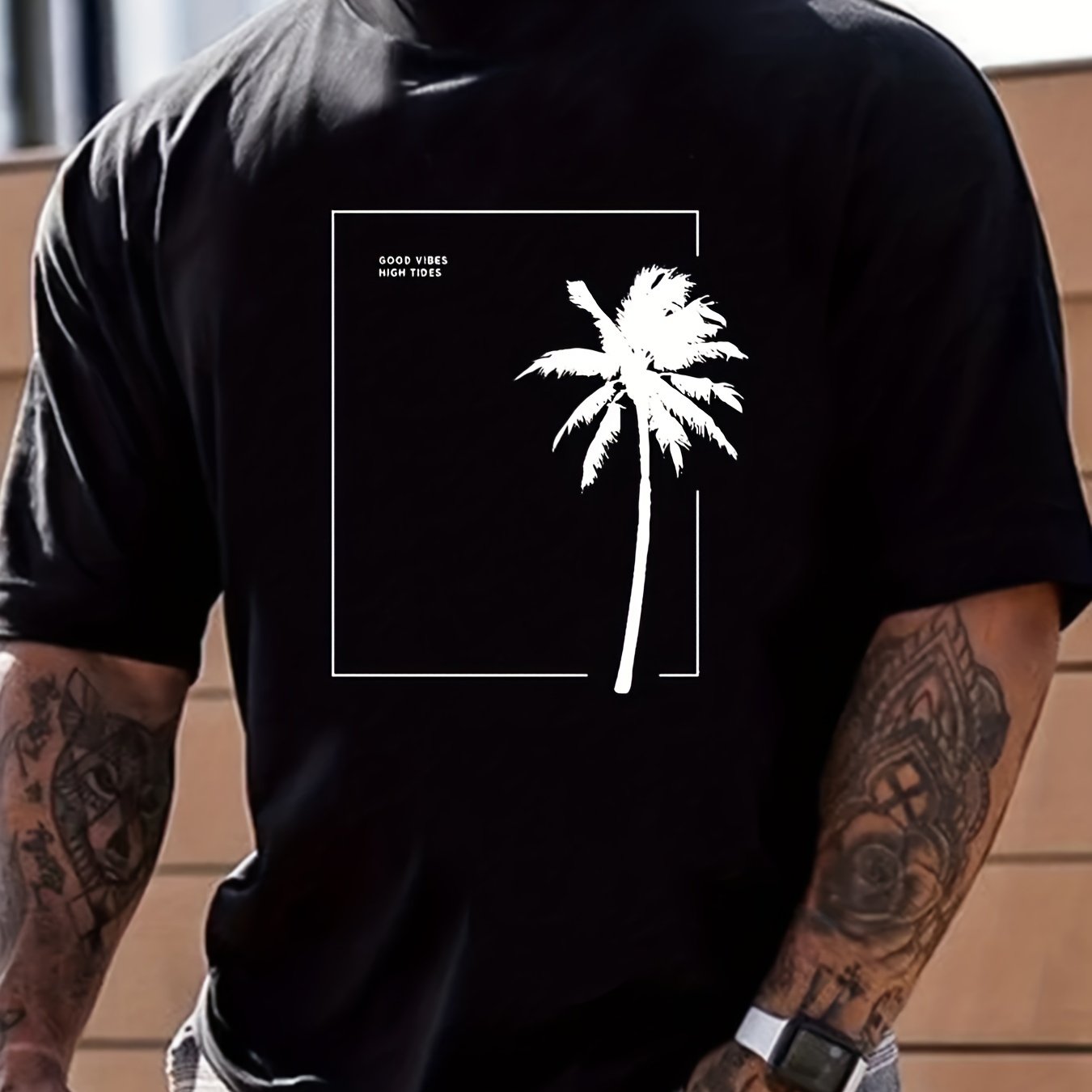 Coconut Tree Print, Men's Graphic Design Crew Neck T-shirt, Casual Comfy Tees Tshirts For Summer, Men's Clothing Tops For Daily Vacation Resorts