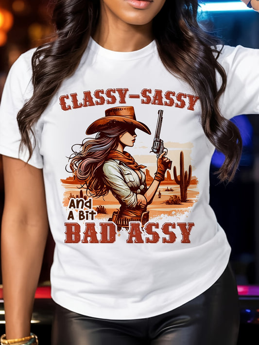 Classy-Sassy & a Bit Bad Assy Women's T-Shirt - Bold Graphic Print Cowgirl & Desert Design, Plus Size Casual Round Neck Short Sleeve Tee, Machine Washable Summer Top for Women, Ladies Tshirts, Everyday Comfort, Cowgirl Print,