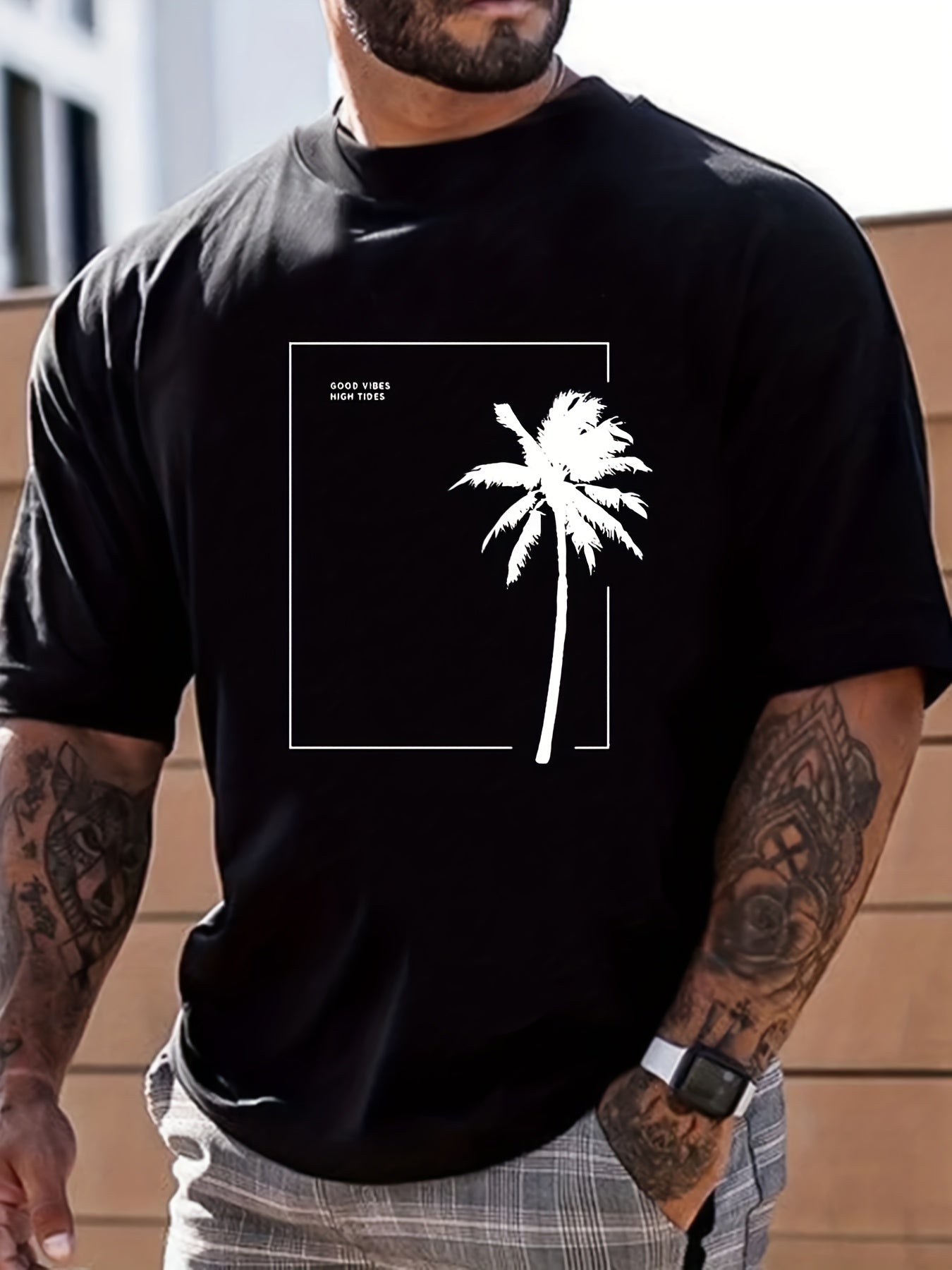 Coconut Tree Print, Men's Graphic Design Crew Neck T-shirt, Casual Comfy Tees Tshirts For Summer, Men's Clothing Tops For Daily Vacation Resorts