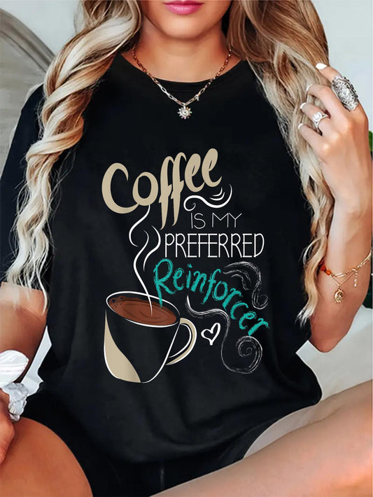 Unisex Soft Breathable 100% Cotton T-Shirt - Relaxed Fit Crew Neck Short Sleeve with "Coffee is My Preferred Renforcer" Graphic, Black Casual Top for Autism Therapists, Behavior Analysts, Teachers - Perfect Gift for Summer, C