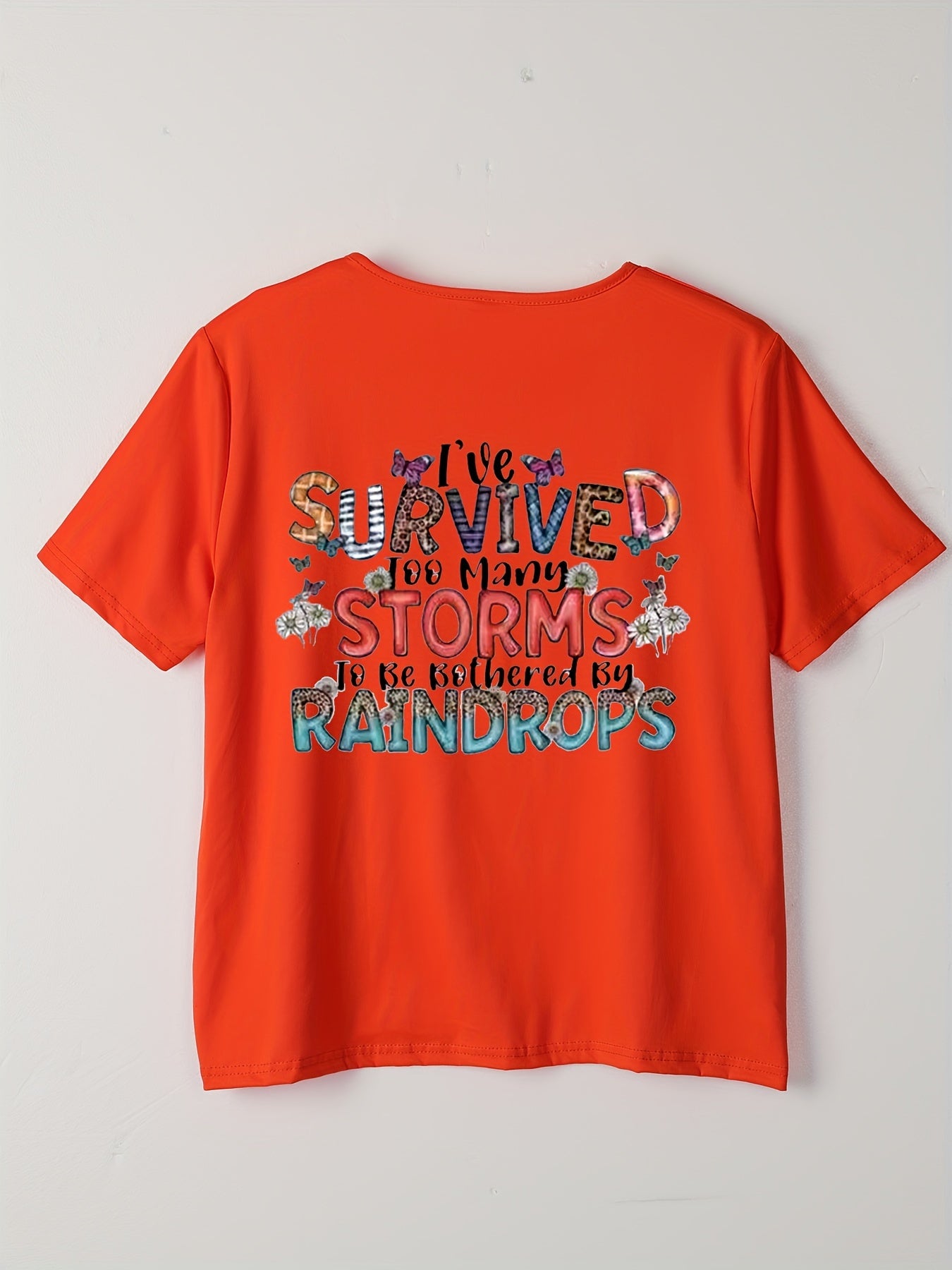 Oversized Tshirts For Women T Shirt Graphic Tees Loose Crewneck Pattern Sleeve Cute Print Fashion Summer Tops -I've Survived Too Many Storms Bothered By Raindrops