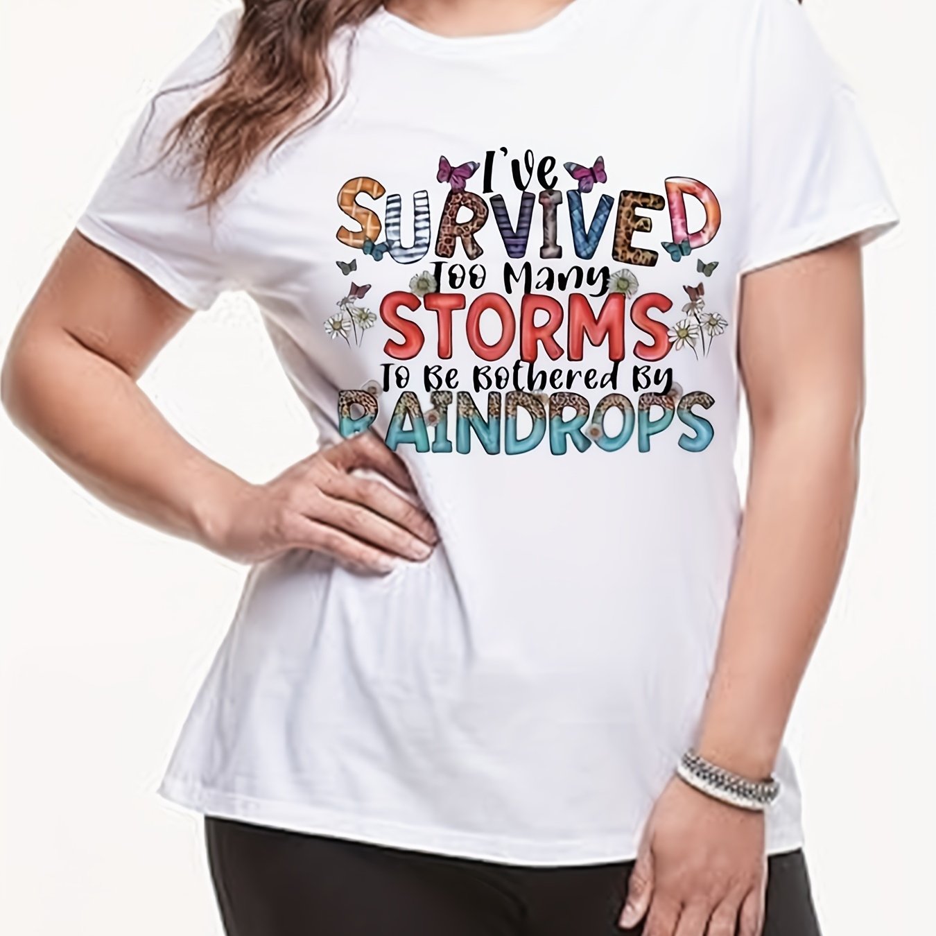 Oversized Tshirts For Women T Shirt Graphic Tees Loose Crewneck Pattern Sleeve Cute Print Fashion Summer Tops -I've Survived Too Many Storms Bothered By Raindrops