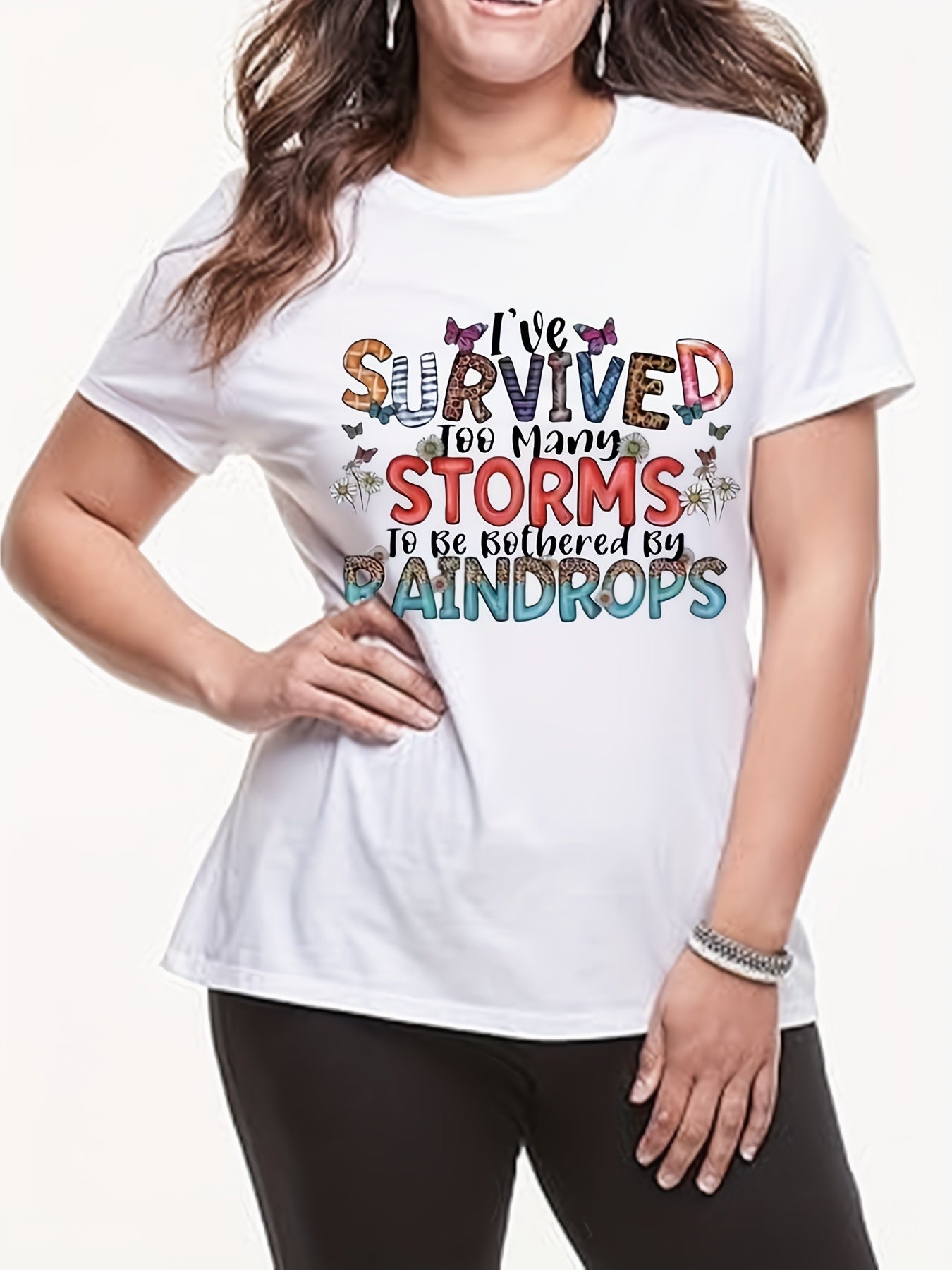 Oversized Tshirts For Women T Shirt Graphic Tees Loose Crewneck Pattern Sleeve Cute Print Fashion Summer Tops -I've Survived Too Many Storms Bothered By Raindrops