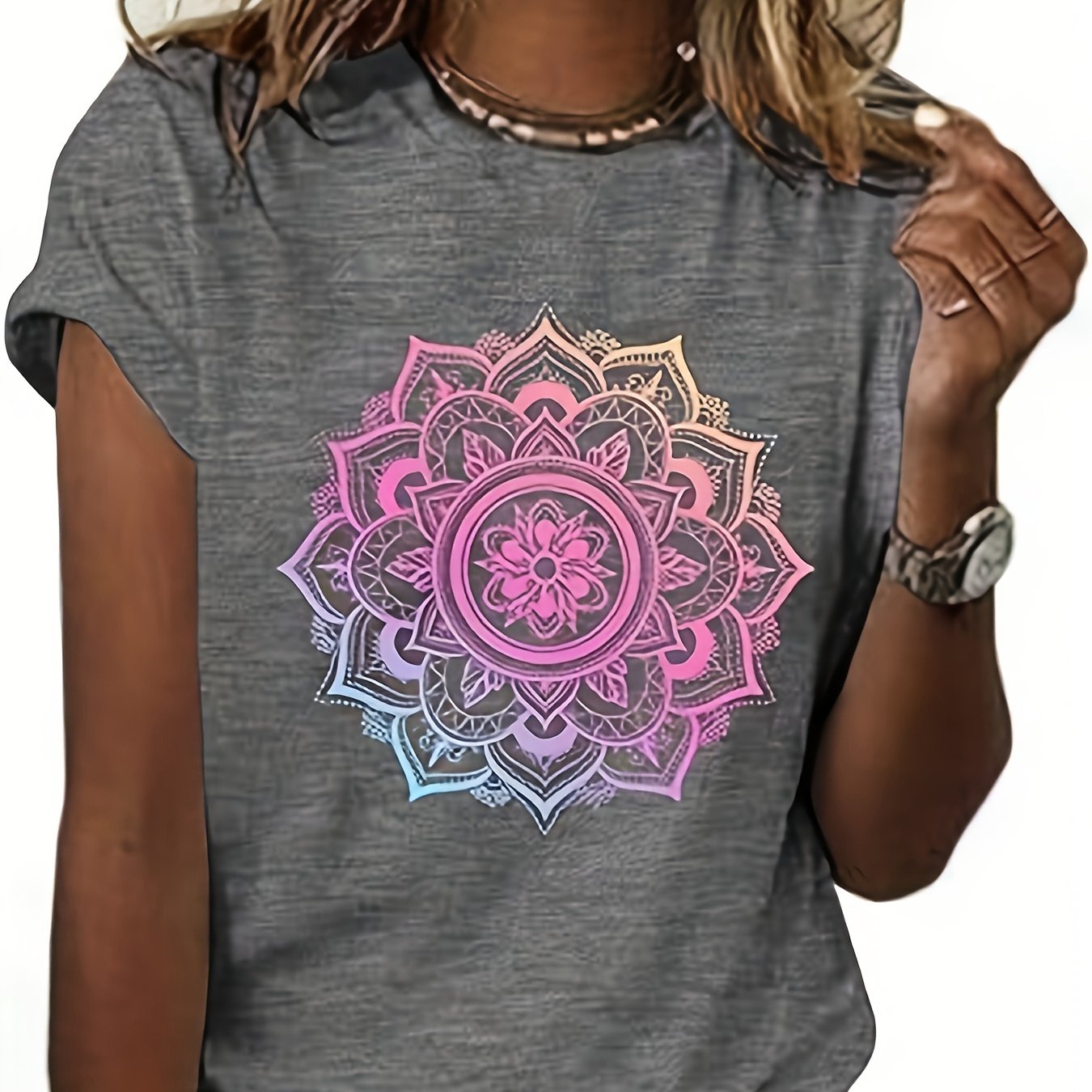 Women's Mandala Graphic Tees Lotus Flower Print Tshirts Short Sleeve Wildflower Tops