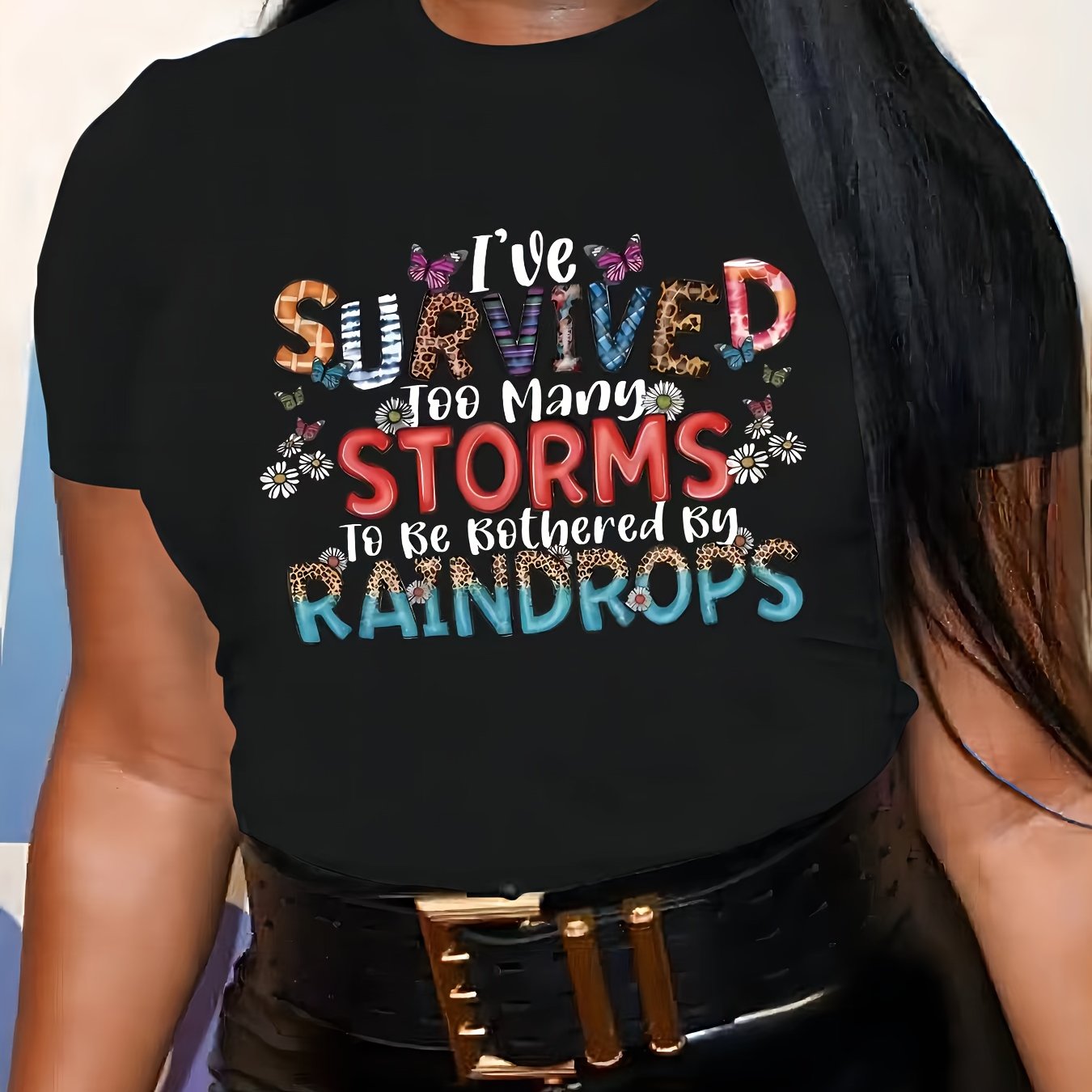 Oversized Tshirts For Women T Shirt Graphic Tees Loose Crewneck Pattern Sleeve Cute Print Fashion Summer Tops -I've Survived Too Many Storms Bothered By Raindrops