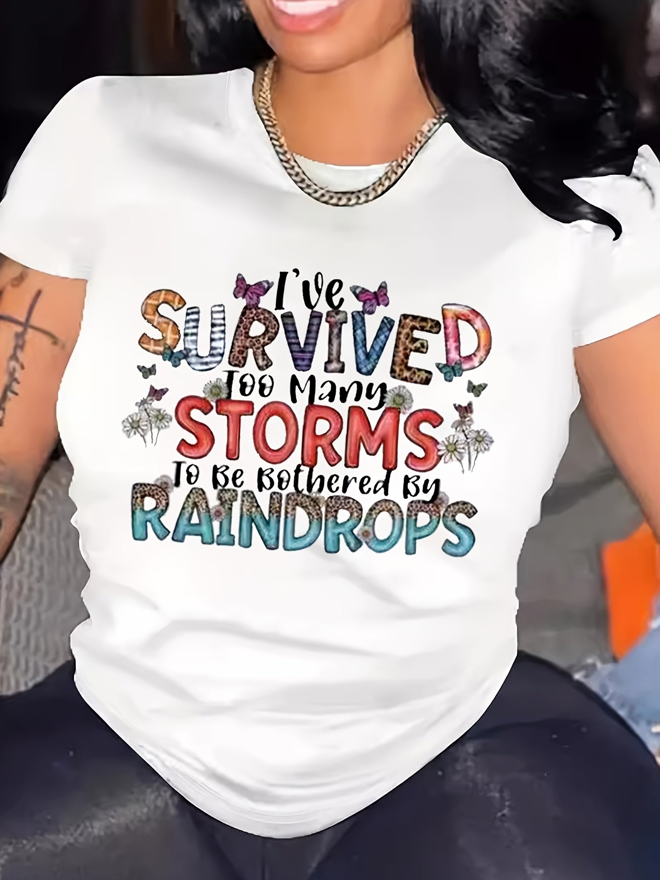 Oversized Tshirts For Women T Shirt Graphic Tees Loose Crewneck Pattern Sleeve Cute Print Fashion Summer Tops -I've Survived Too Many Storms Bothered By Raindrops