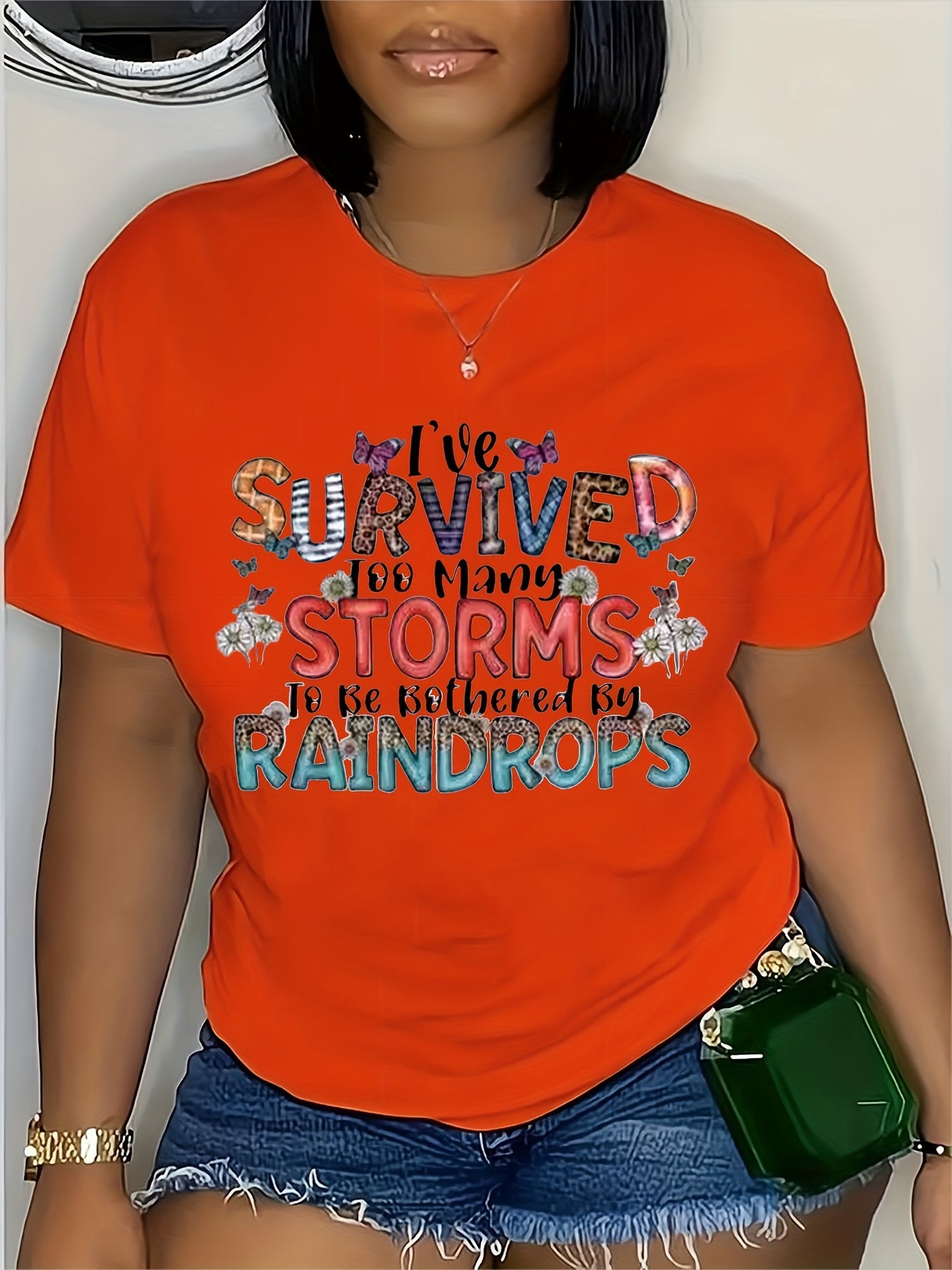 Oversized Tshirts For Women T Shirt Graphic Tees Loose Crewneck Pattern Sleeve Cute Print Fashion Summer Tops -I've Survived Too Many Storms Bothered By Raindrops