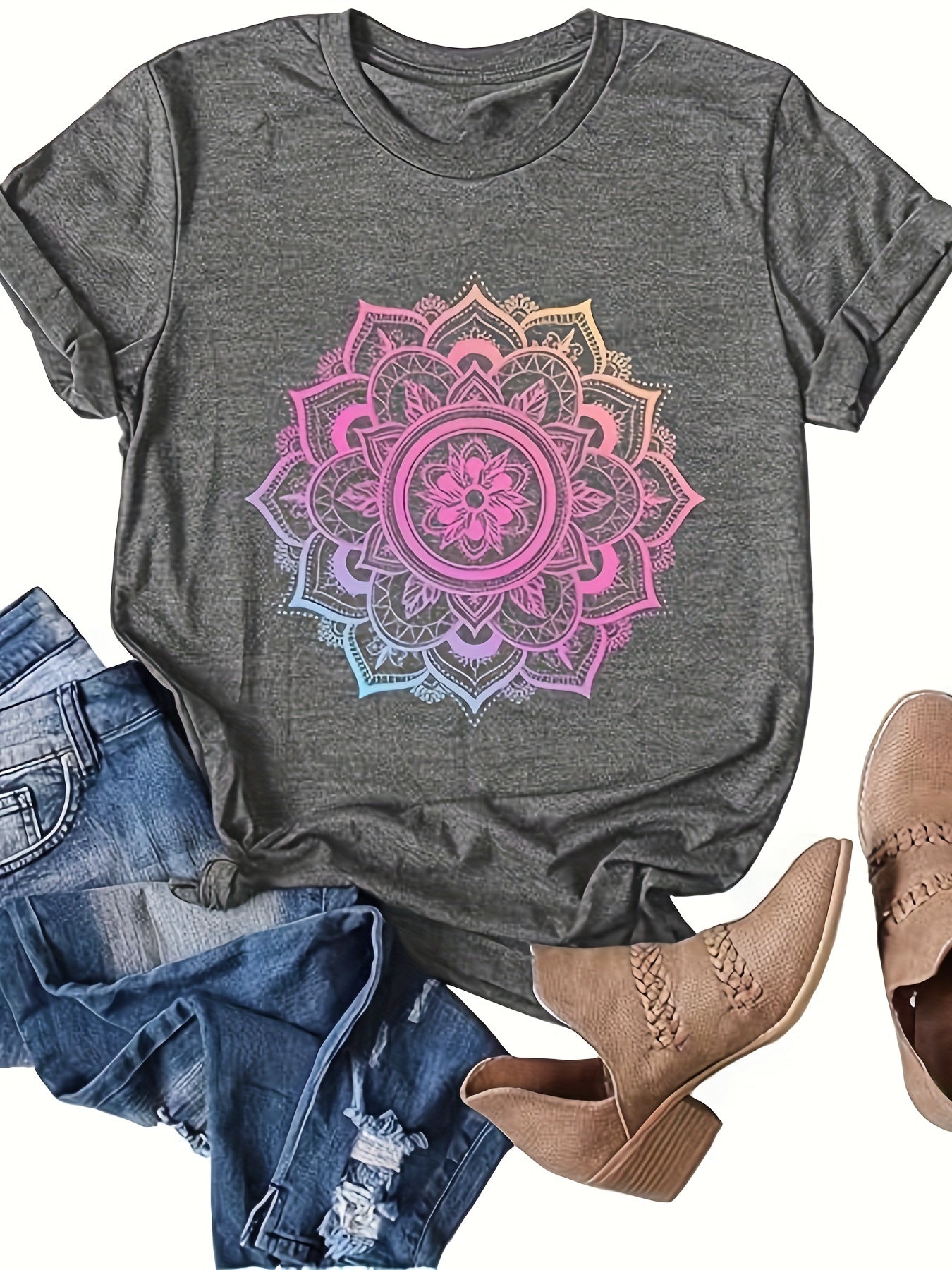 Women's Mandala Graphic Tees Lotus Flower Print Tshirts Short Sleeve Wildflower Tops