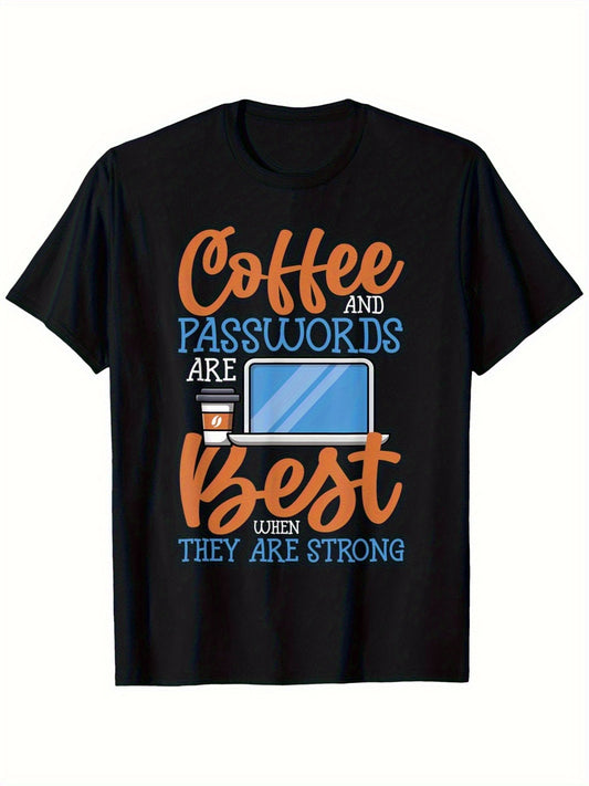 1pc Men's "Coffee & Passwords Are Best When They're Strong" Graphic T-Shirt - 100% Cotton 180gsm, Single-Sided Print, Black Short Sleeve, Regular Fit, S-XXXL, Funny Tech & Coffee Lover Gift for New Year 2025 & Valentine's Day