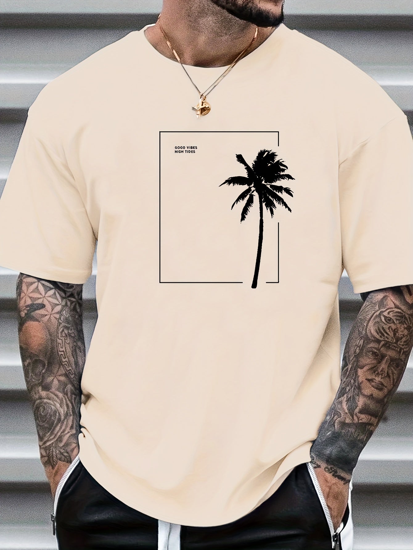 Coconut Tree Print, Men's Graphic Design Crew Neck T-shirt, Casual Comfy Tees Tshirts For Summer, Men's Clothing Tops For Daily Vacation Resorts