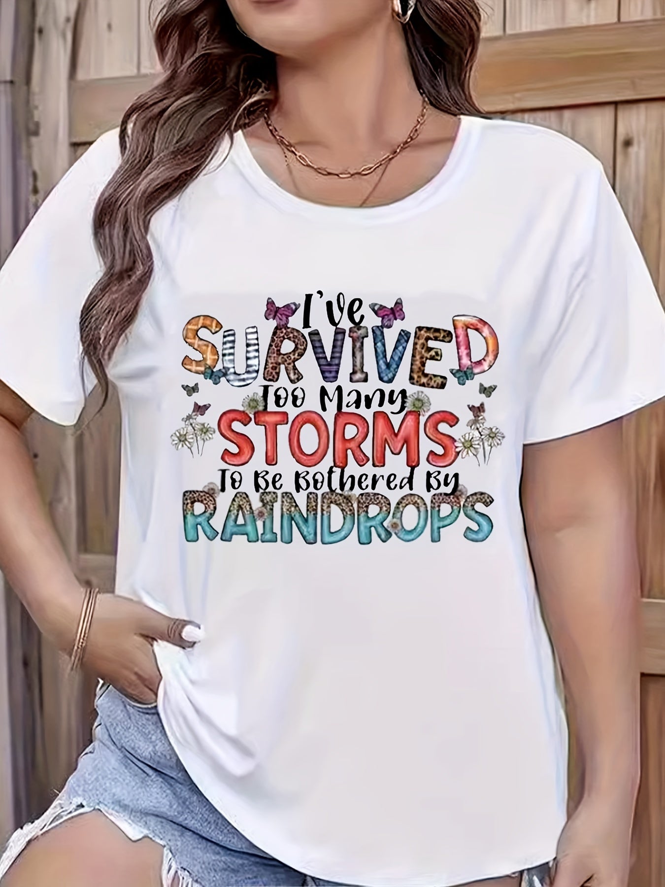 Oversized Tshirts For Women T Shirt Graphic Tees Loose Crewneck Pattern Sleeve Cute Print Fashion Summer Tops -I've Survived Too Many Storms Bothered By Raindrops