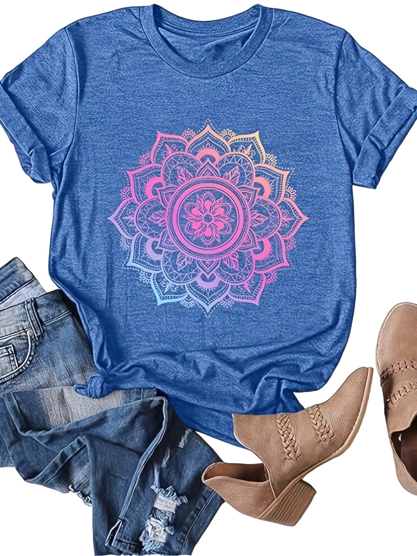 Women's Mandala Graphic Tees Lotus Flower Print Tshirts Short Sleeve Wildflower Tops
